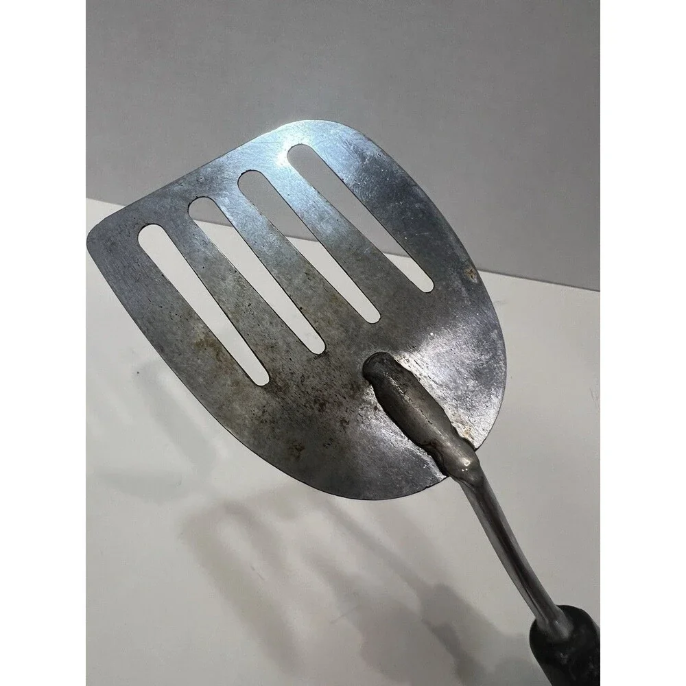 EKCO Spatula Slotted Angled  Chromium Plated Black Handle USA 13” Melt Marks